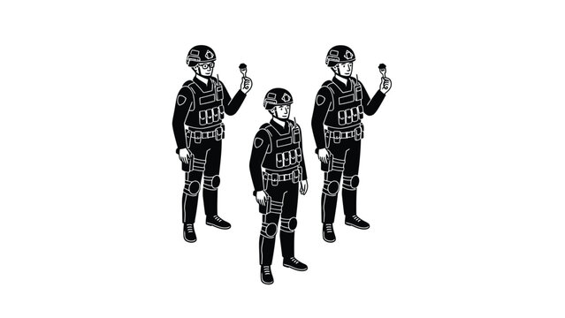 Three SWAT team members in tactical gear, holding flashlights, in a black and white illustration.