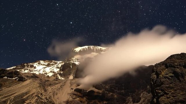 Mount Kilimanjaro. Kilimanjaro National Park in Tanzania, Africa. Trekking and climbing to the summit. Time lapse. Night video in starry sky.