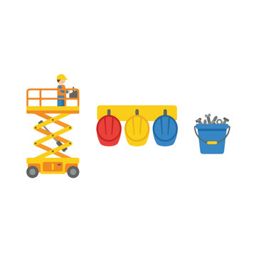 This flat vector set features an industrial worker on a scissor lift, three colored hard hats on a rack, and a blue bucket filled with tools.