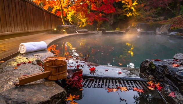 露天風呂・紅葉・秋・夕暮れ・もみじ・健康・美肌効果・美容・温活・旅館・リラクゼーション・癒し・日本の秋素材／Japanese rotenburo outdoor hot spring autumn maple leaves dusk, momiji floating water beauty skin care healthy wellness, fall season onsen relaxat