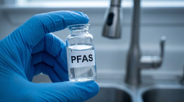 &Eacute;chantillon de PFAS en laboratoire, concept de recherche environnementale en France