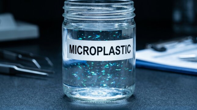 > Glass jar filled with contaminated water and a 'Microplastic' label in a laboratory setting. Environmental pollution, water testing, and ecological crisis concept