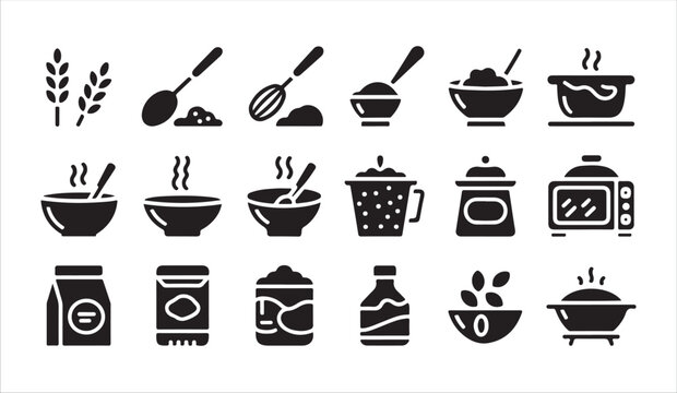 Baking ingredients and breakfast preparation icon set with wheat flour whisk and bowls.