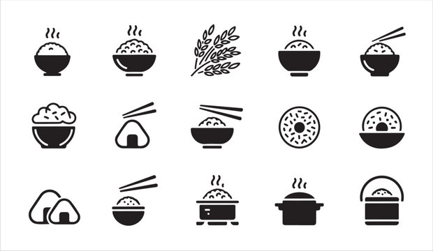Group of rice related icons with bowls chopsticks and rice plant symbols.