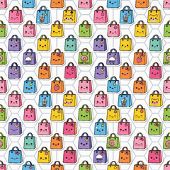 Obraz premium Seamless Pattern of Cute Kawaii Shopping Bags with Happy Faces.