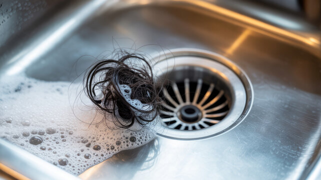 Hair clogged in a sink drain with soap suds