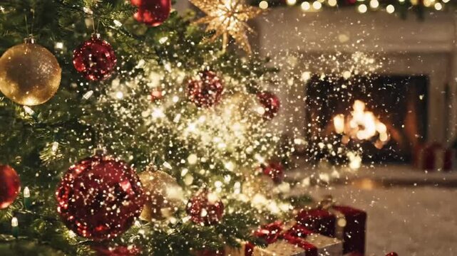 Watch the sparkling lights on a Christmas tree next to a warm fireplace with gifts around it