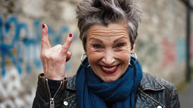 Portrait of a happy senior woman with short gray hair and red lipstick smiling outdoors against a graffiti wall