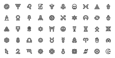 Esoteric icon set. Mystical symbols vector pack. Minimal line icons. Featuring Ying Yang, Leo, Skull, Astrology, Alchemy, Dreamcatcher, Rune, Moon, Triquetra, Candle, Chalice, Lotus, Sun, Saturn and m © wang