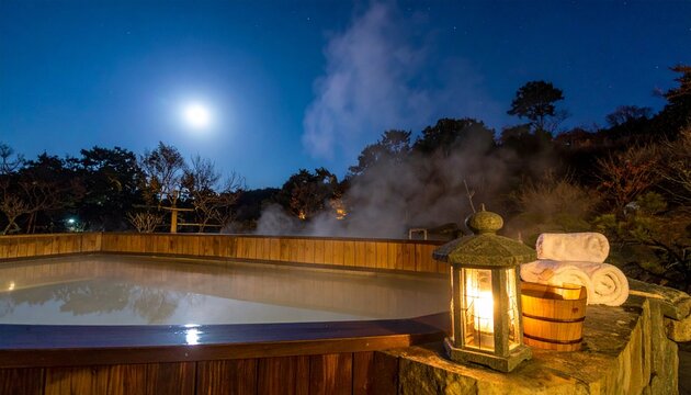 露天風呂・満月・夜・石灯籠・幻想的・健康・美肌効果・美容・温活・旅館・リラクゼーション・ナイトスパ・日本の温泉素材／Japanese rotenburo outdoor hot spring full moon night stone lantern, mystical beauty skin care healthy wellness night spa, moonlight onsen rel