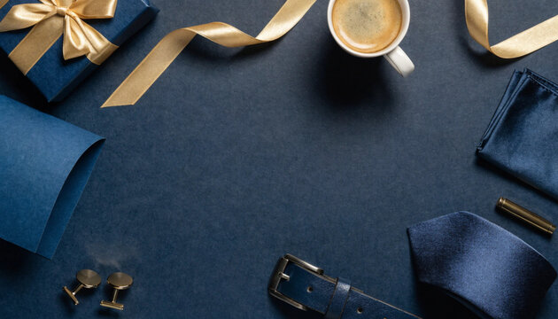 Father's Day celebration flat lay banner with navy blue gift box, silk tie, leather belt, and coffee cup.