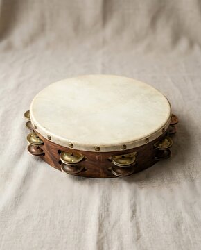 Traditional Wooden Tambourine with Natural Skin Head on Light Fabric Background