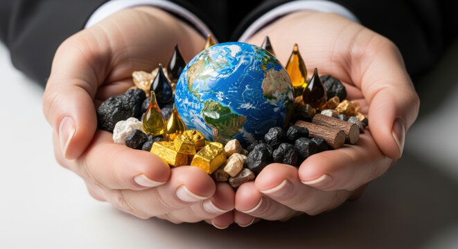 Commodity prices outlook concept with globe and natural resources in hands symbolizing global market and economic future