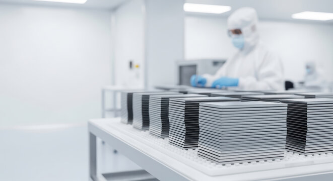 Battery cell stacks in cleanroom for electric vehicle manufacturing with worker in protective suit ensuring quality control and safety