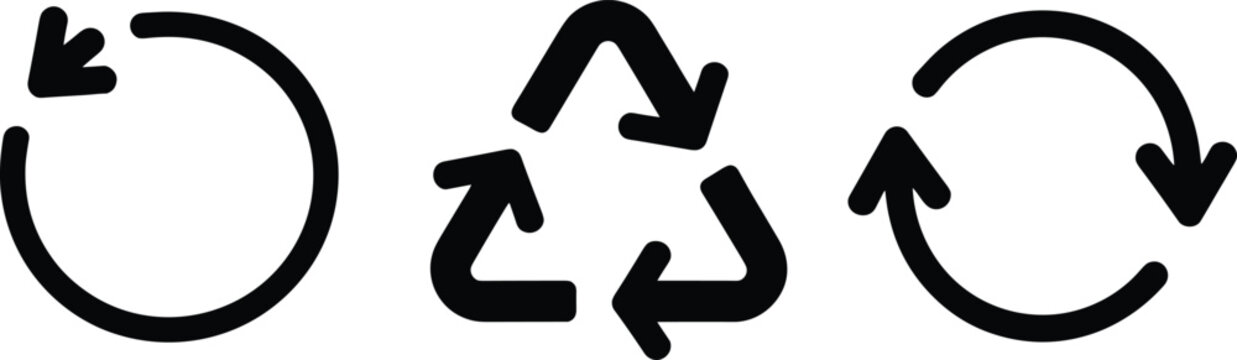 Recycle icon arrows collection, update repeat refresh rotation graphic elements, ecological loop reload symbols isolated white backgrounds,