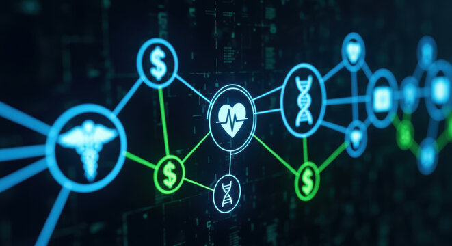 Healthcare innovation spending digital network finance data connection glowing symbol healthcare innovation spending concept