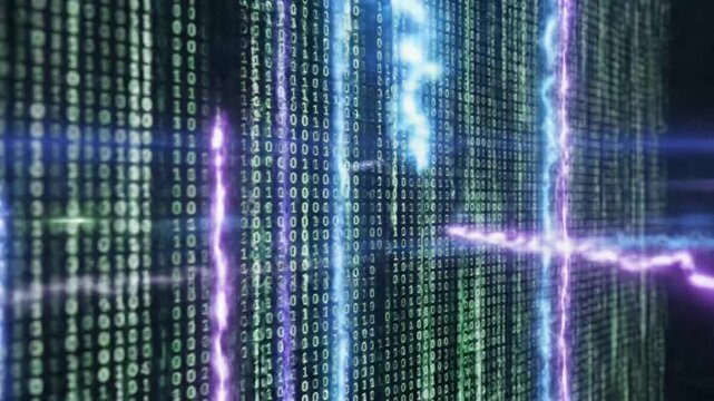 Matrix style vertical binary code with glowing light streaks.