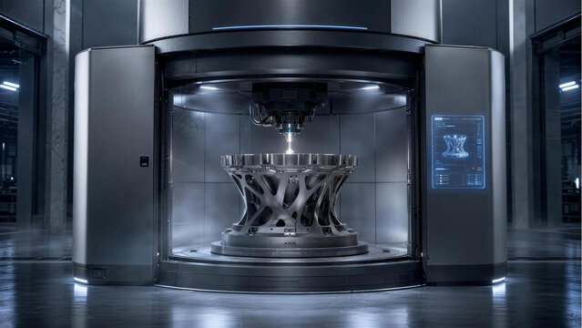 Futuristic 3D Metal Printing Machine: A high-tech industrial 3D printer precisely builds a complex metal component, showcasing advanced manufacturing and innovative technology in a modern facility.