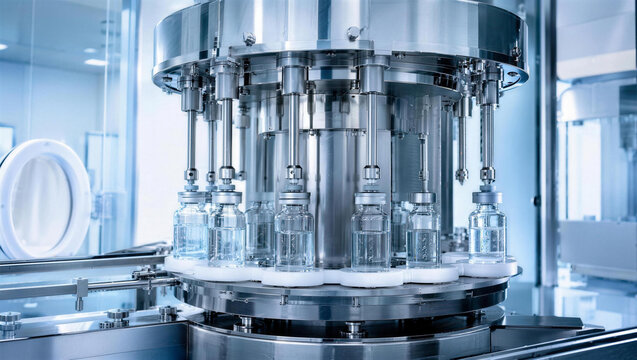 Automated Pharmaceutical Bottling Machine: A sterile, high-tech automated bottling machine with multiple glass vials ready for filling, showcasing precision manufacturing in a pharmaceutical setting.