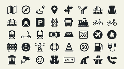 Fototapeta premium Navigation and Travel Icons Set: Roadways Transportation Direction and Destination Symbols