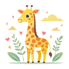 Obraz premium Cute cartoon giraffe with hearts and clouds