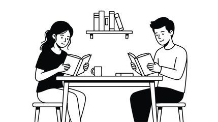 Fototapeta premium Couple Reading Books Together at a Table in a Library Minimalist Black and White Line Art