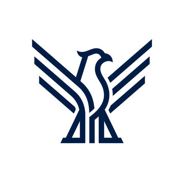 Blue geometric eagle bird icon made of parallel lines.