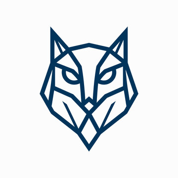 Blue geometric wolf head outline logo design.