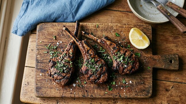 Grilled lamb chops garnished with fresh herbs and lemon slices on rustic wooden cutting board