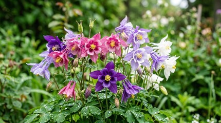 Obraz premium Vibrant close up of colorful aquilegia flowers in a lush garden setting with dew drops enhancing their beauty