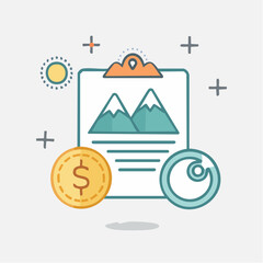 Obraz premium Business concept with mountains, coin, and magnifying glass icon