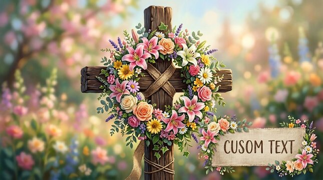 Rustic wooden easter cross adorned with colorful floral wreath against a softly blurred background of blossoming flowers