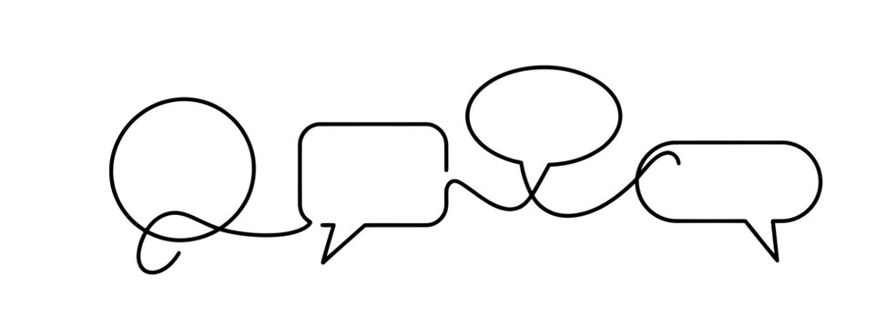 A continuous black line gracefully loops across a stark white background, intricately forming a connected sequence of four uniquely shaped minimalist speech bubbles to represent flowing communication