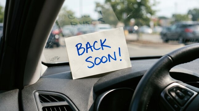 White note on dashboard indicating temporary absence with clear handwriting in a car interior setting