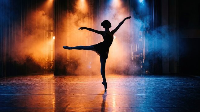 A graceful ballerina performs in silhouette amid dramatic lighting and colorful smoke on stage capturing the essence of dance