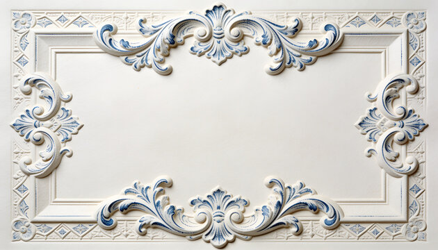 vintage embossed paper frame, luxury white ceramic border, classic blue floral ornament, royal rococo pattern, antique stucco molding, traditional baroque elements, filigree copy space