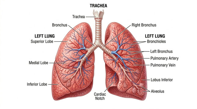 Human lungs and respiratory system anatomy diagram with text labels
