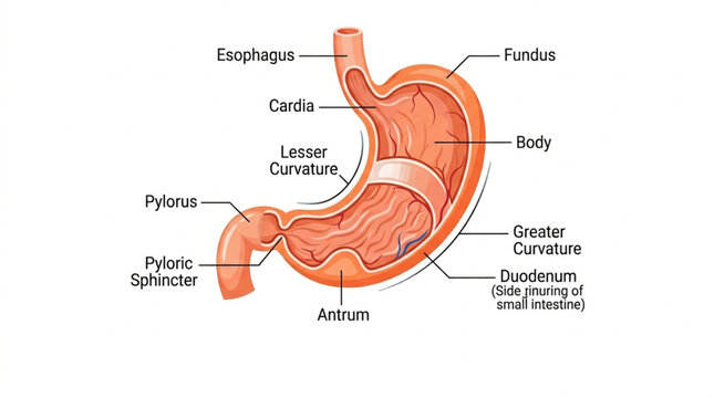 Human stomach anatomy cross section diagram with detailed parts labels