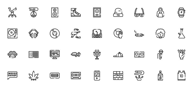 Hip Hop icon set. Minimal vector icons pack. Featuring break, necklace, speaker, sneakers, golden hat, glasses, hoodie, vinyl, headphones, money, concert, afro, bong, brass, DJ controller, microphone,