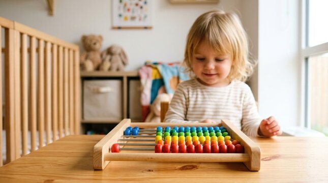 Child engaging with a colorful wooden abacus in a bright and cheerful learning environment for early childhood education
