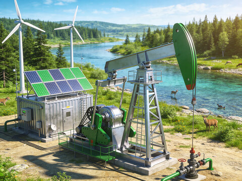 Clean industrial landscape with pipelines, pumpjacks and eco-friendly technology. 