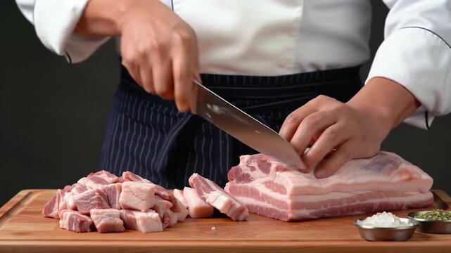 Professional chef slicing raw pork belly on a wooden cutting board in a kitchen