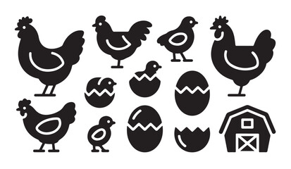 Farm animal and chicken icons featuring chicks eggs and rural barn silhouette graphics. © VANU