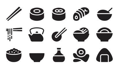 Set of minimalist black flat food icons representing various japanese cuisine elements. © VANU
