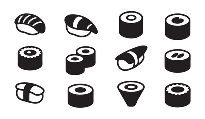 Collection of various sushi roll icons in solid black style for restaurant design work. © VANU