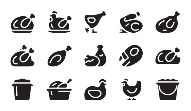 Set of roasted chicken icons showing prepared poultry in buckets on trays and platters.