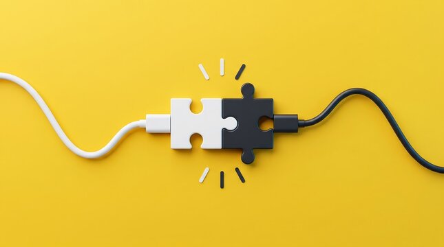 Two puzzle pieces, one black and one white, connect with USB cables on a bright yellow background, symbolizing connection and integration.