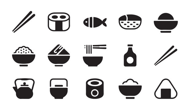 Assorted black glyph icons featuring sushi rolls rice bowls and kitchen utensils set.