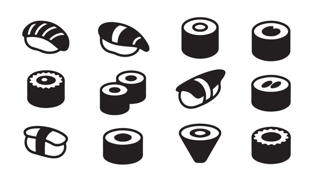 Collection of various sushi roll icons in solid black style for restaurant design work.