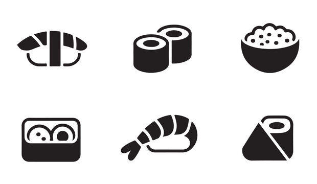 Collection of various sushi and seafood icons featuring rolls nigiri and fresh ingredients.